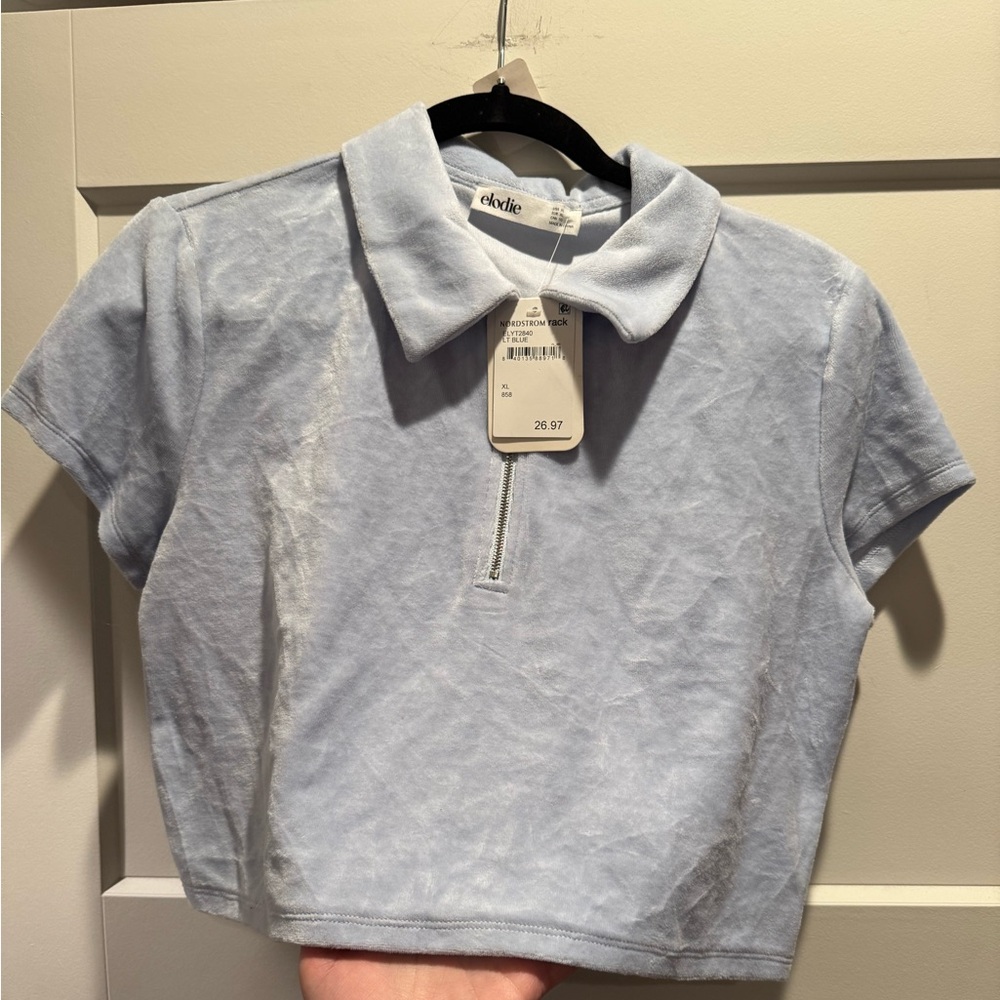 NWT Elodie Light Blue Velour Crop Top with Classic Collar and Quarter Zip